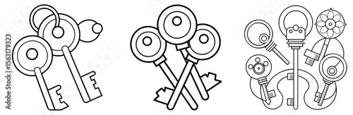 Keys Coloring Page - Vintage and Modern Key Designs Line Art Outline for Kids and Adults