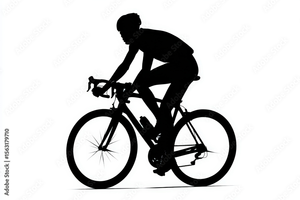 Fototapeta premium Cyclist Silhouette on a Road Bike. A black silhouette of a cyclist in a dynamic vector style, showcasing the athlete's form on a bicycle against a white background.