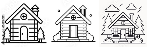 Log House Coloring Page - Rustic Cabin Line Art Outline for Kids and Adults