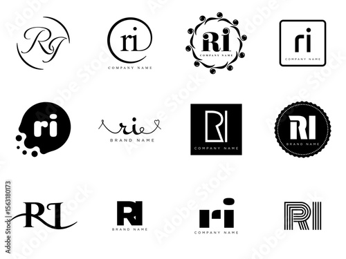 RI logo company template. Letter r and i logotype. Set different classic serif lettering and modern bold text with design elements. Initial font typography.