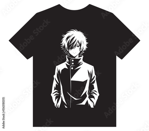 Stoic Anime Boy in High-Collar Jacket – Bold Black and White Silhouette T-Shirt Design