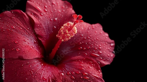 Crimson hibiscus adorned with dew drops evokes Tropical Hibiscus Day, an ode to botanical luxury and exotic beauty