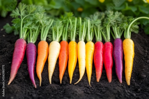 colorful fresh carrots in the garden in the ground