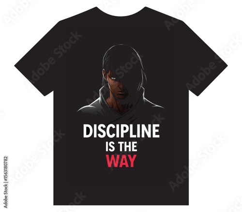 Dark Anime Warrior with Hoodie and Bold Motivational Quote – “Discipline Is the Way” T-Shirt Design
