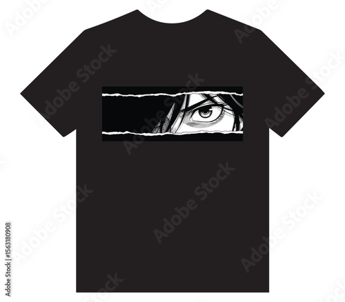 Mysterious Anime Eye Peeking Through Torn Black Strip – Minimalist Monochrome T-Shirt Design
