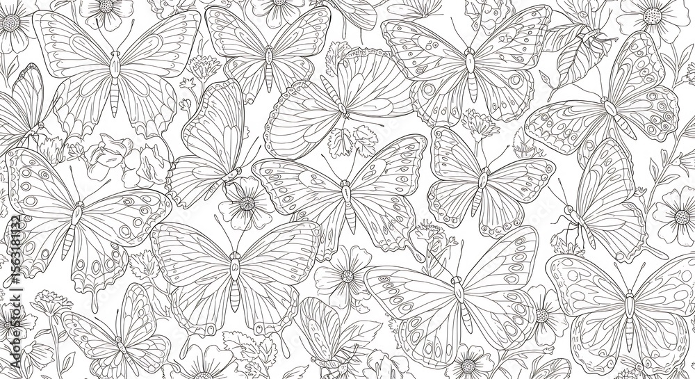 Fototapeta premium Papillons délicats dessinés fond blanc style elegant. AI Generated