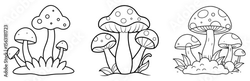 Moss and Mushroom Coloring Page - Forest Fungi Line Art Outline for Kids and Adults