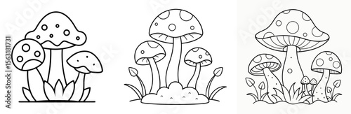 Moss and Mushroom Coloring Page - Forest Fungi Line Art Outline for Kids and Adults