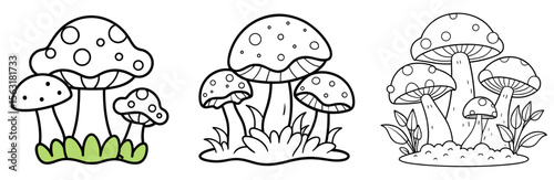 Moss and Mushroom Coloring Page - Forest Fungi Line Art Outline for Kids and Adults