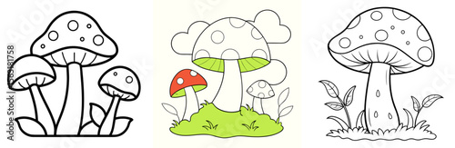Moss and Mushroom Coloring Page - Forest Fungi Line Art Outline for Kids and Adults