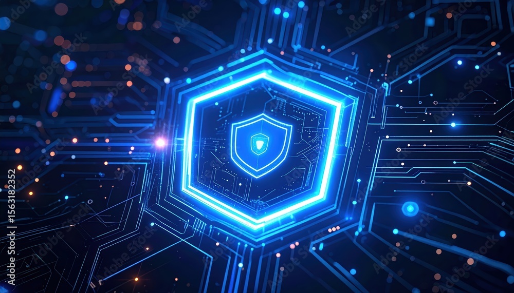 Futuristic digital security shield icon in neon blue with cybersecurity network background symbolizing data protection and digital safety concepts Futuristic digital security shield icon in neon blue with cybersecurity network background symbolizing data protection and digital safety concepts
