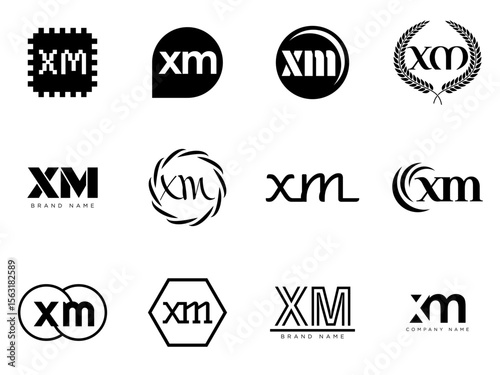 XM logo company template. Letter x and m logotype. Set different classic serif lettering and modern bold text with design elements. Initial font typography.
