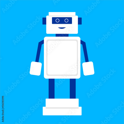Vector illustration of a white
humanoid robot standing upright,
showcasing advanced human-made
technology, flat art design style.