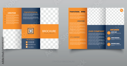 Trifold brochure corporate template with triple folds. Simple and minimalist promotion layout. Editable file