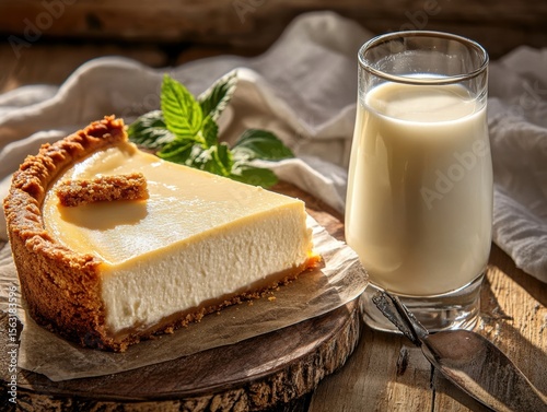 Creamy cheesecake slice served with fresh milk on a rustic wooden table