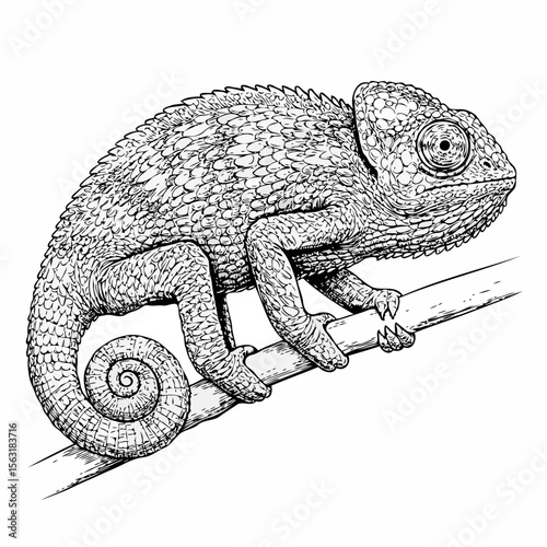 Detailed black and white illustration of a chameleon perched on a branch