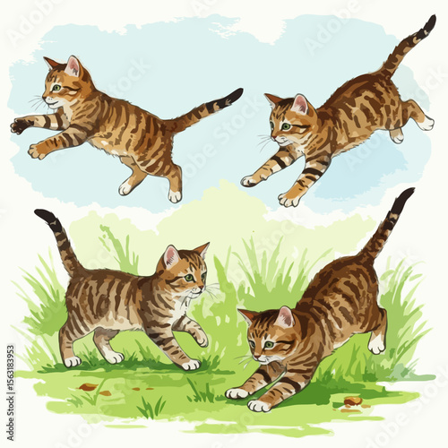 Four playful tabby kittens in different poses on a grassy background