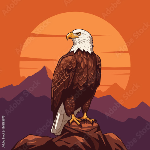 Majestic bald eagle perched on rocky outcrop against a vibrant sunset