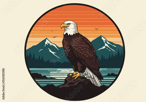 Majestic bald eagle perched on a rock overlooking a serene mountain lake at sunset