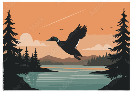 A black duck flies over a serene lake at sunset with pine trees