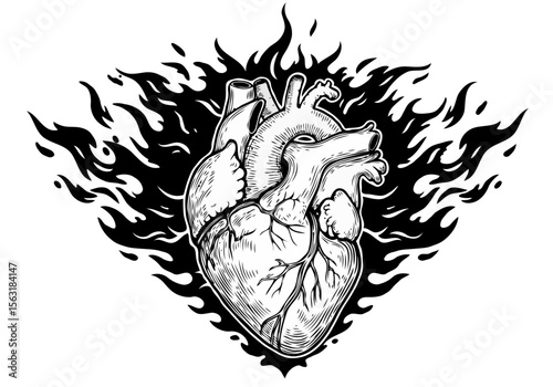 Realistic anatomical heart illustration with black flames and white background