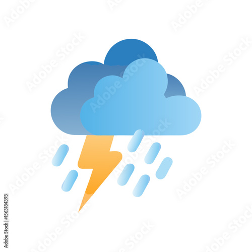 Thunderstorm icon with blue clouds, lightning bolt and raindrops on white background, vector weather symbol 
