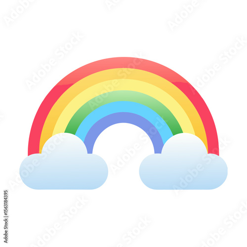 Colorful cartoon rainbow with fluffy clouds isolated on white background, cute vector illustration, cheerful weather icon