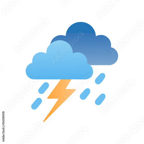 Thunderstorm icon with blue clouds, lightning bolt and raindrops on white background, vector weather symbol 
