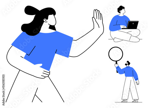 Person gesturing with confidence, seated individual using laptop, another observing through a magnifying glass. Ideal for teamwork, leadership, collaboration, innovation, focus, creativity simple