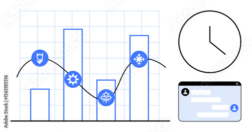 Bar graph with seasonal weather icons and trend line, adjacent clock and chat interface. Ideal for analytics, weather data, productivity, time tracking, business planning, teamwork, simple landing