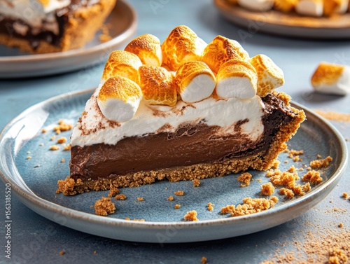 Gooey smores pie topped with golden toasted marshmallows served on a rustic plate