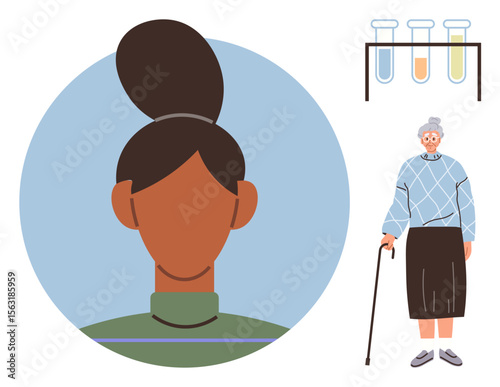 Young woman portrait, elderly woman walking with cane, and test tubes symbolizing aging study. Ideal for medical research, aging, science, family, generational connection, care and health topics