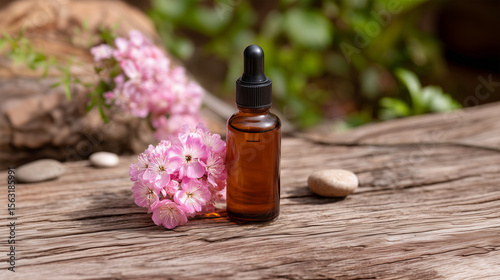 Natural skincare serum bottle with dropper surrounded by pink flowers on rustic wooden surface