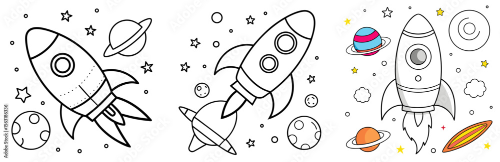 Naklejka premium Rocket and Galaxy Coloring Page - Space Exploration Line Art for Kids and Adults