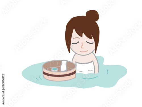 An illustration of a woman relaxing while taking a bath and drinking sake from a bucket