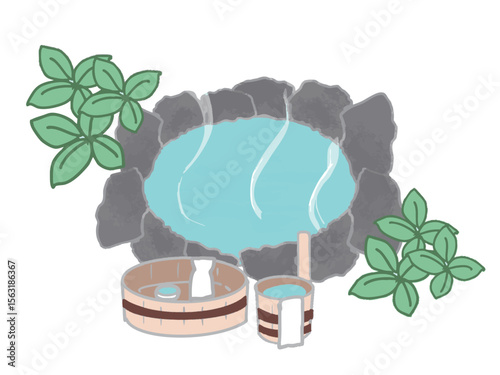 Illustration of a landscape with an outdoor open-air bath and a tub filled with sake