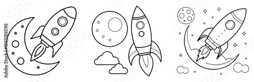 Rocket Flies to the Moon Coloring Page - Space Adventure Line Art for Kids and Adults