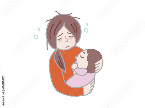 An illustration of a mother who looks exhausted after being woken up in the middle of the night to breastfeed and her baby