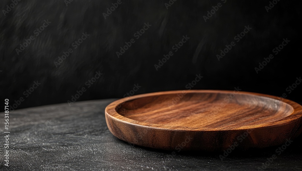 Wooden plate on dark stone surface, with a blurred background Wooden plate on dark stone surface, with a blurred background