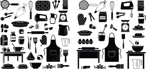 Baking seamless pattern with kitchen utensils, food ingredients, and preparation accessories