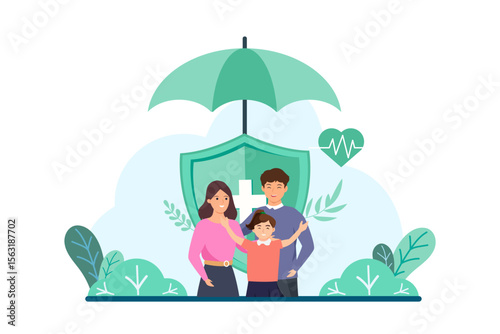 Family health care and life insurance concept. Group people and shield protection with umbrella. Vector illustration