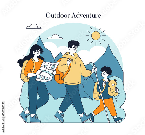 Family Hiking Adventure with Map and Mountains