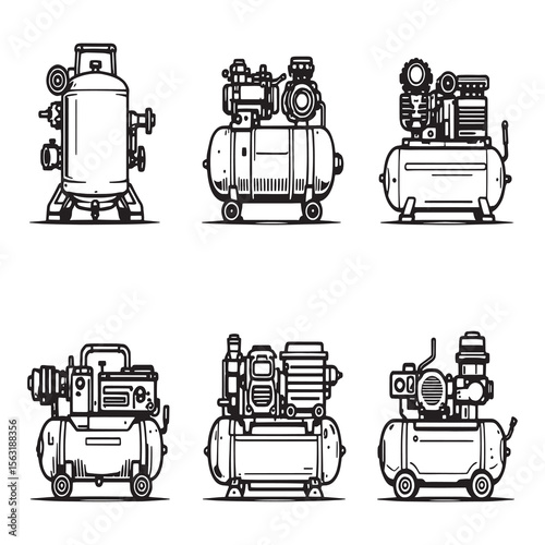 Detailed line art of portable air compressor machine