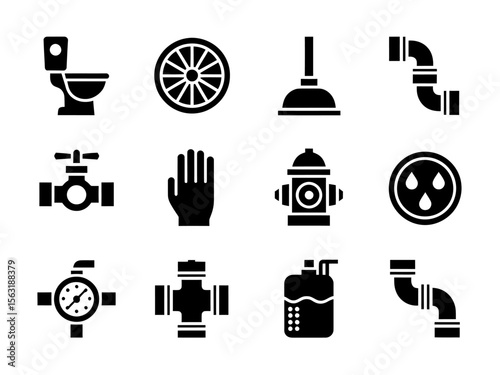 Plumbing Icons Set. Toilet, Pipes, Valves, and Tools