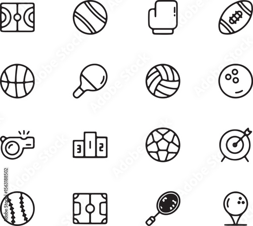 Sports and Game Outline Icons Set – Football, Basketball, Baseball, Ping Pong, Sports Ball, Game, Thin Line, Icon, Outdoor, Fitness, Activity, Equipment, Minimal, Match, Tournament


