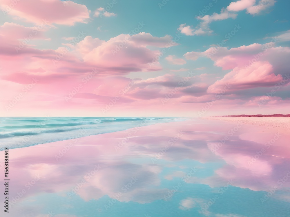 Obraz premium Dreamy Cotton Candy Sky over Pastel Shoreline in Reflective Beach Background