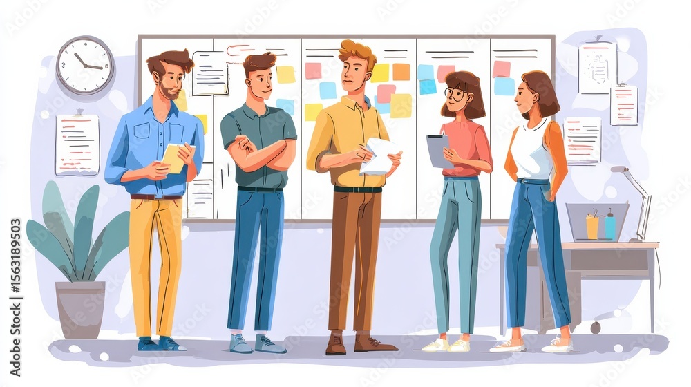 Obraz premium Agile team. Business people planning and working with Scrum or Kanban board. Team working on time management strategy and agility in office. Agile teamwork concept, no logos, no brands