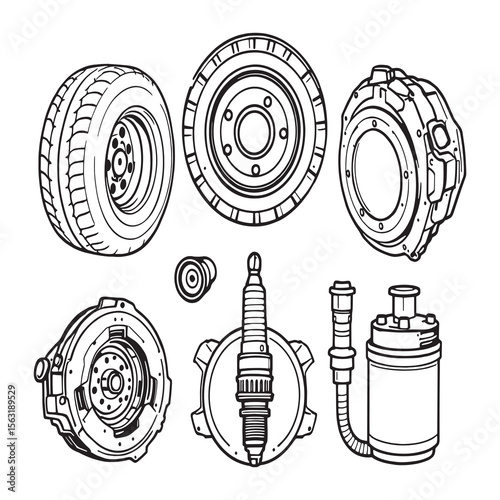 Detailed vector illustration of common auto spare components