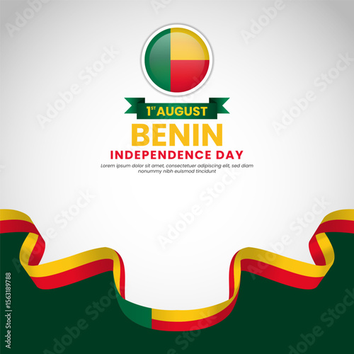 Benin independence day Square banner background with waving ribbon flag