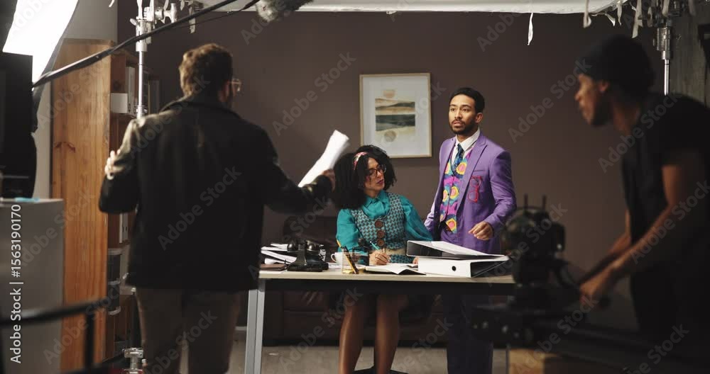 Director, woman and actress with talk at movie studio, writing and behind the scenes for videography. People, cinematography and stress for performance, script or advice with forget lines on film set